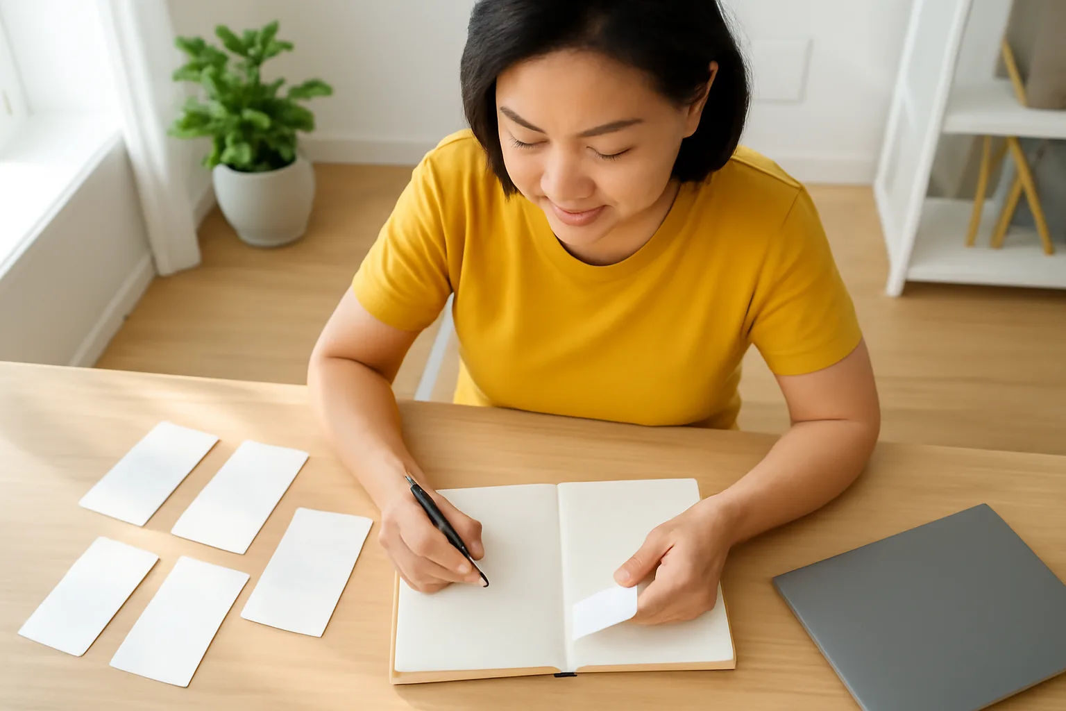 Người phụ nữ ngồi ở bàn làm việc sắp xếp giấy biên nhận và tin nhắn để viết phản ánh