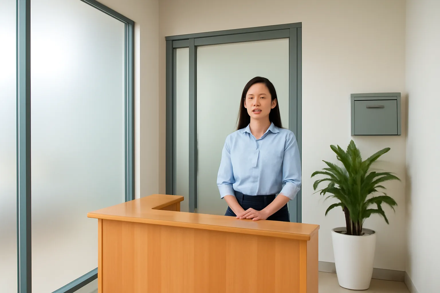 Nhân viên lễ tân đứng cạnh quầy tiếp khách của một văn phòng nhỏ gọn gàng