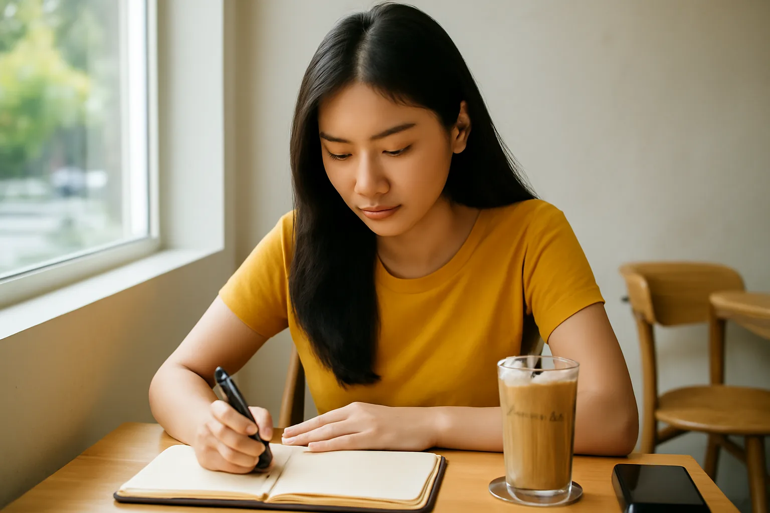 Người phụ nữ trẻ viết câu hỏi vào sổ tay ở bàn cà phê buổi sáng