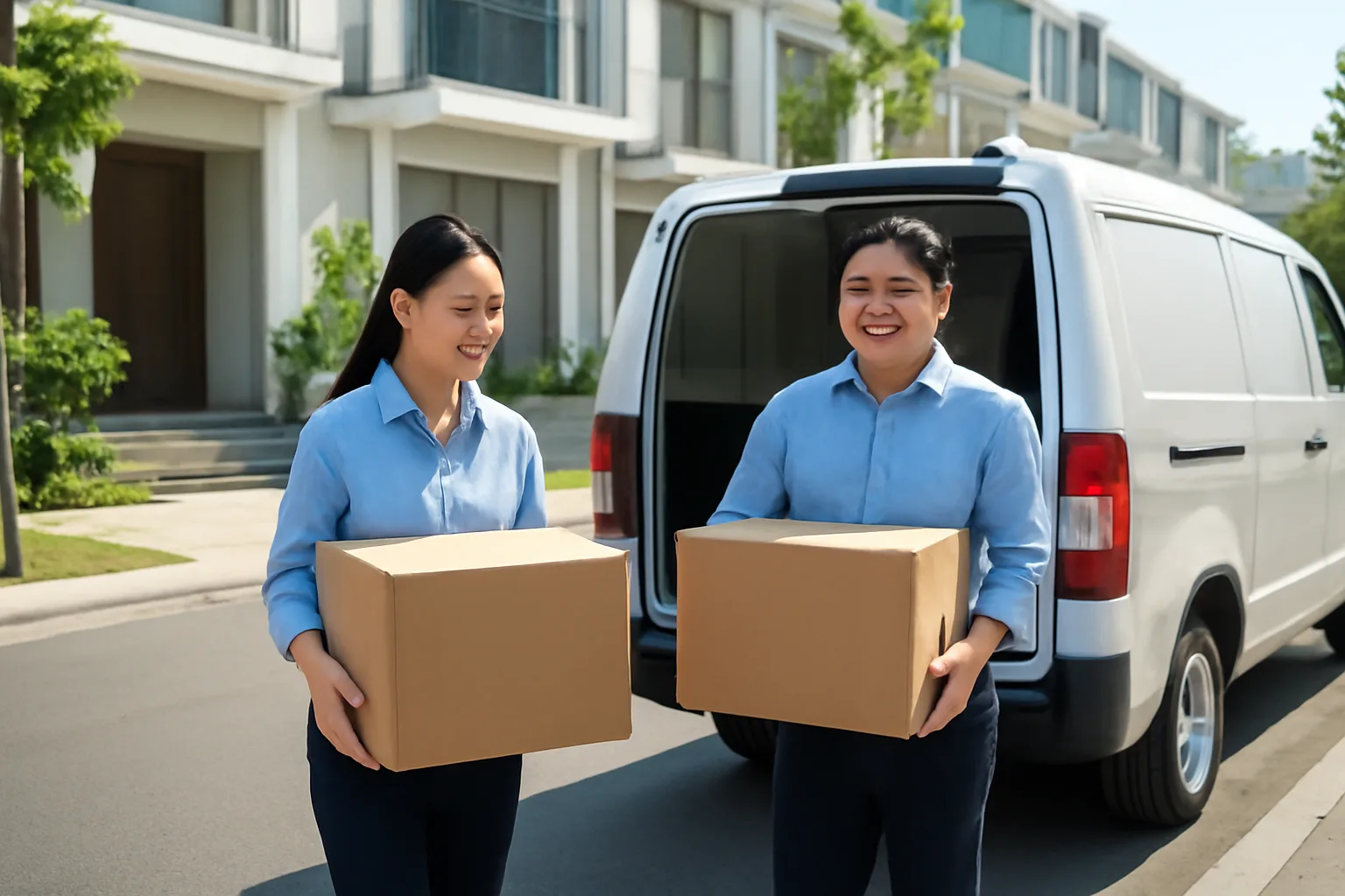 Nhân viên văn phòng khiêng thùng hồ sơ ra xe tải nhỏ trong ngày chuyển văn phòng
