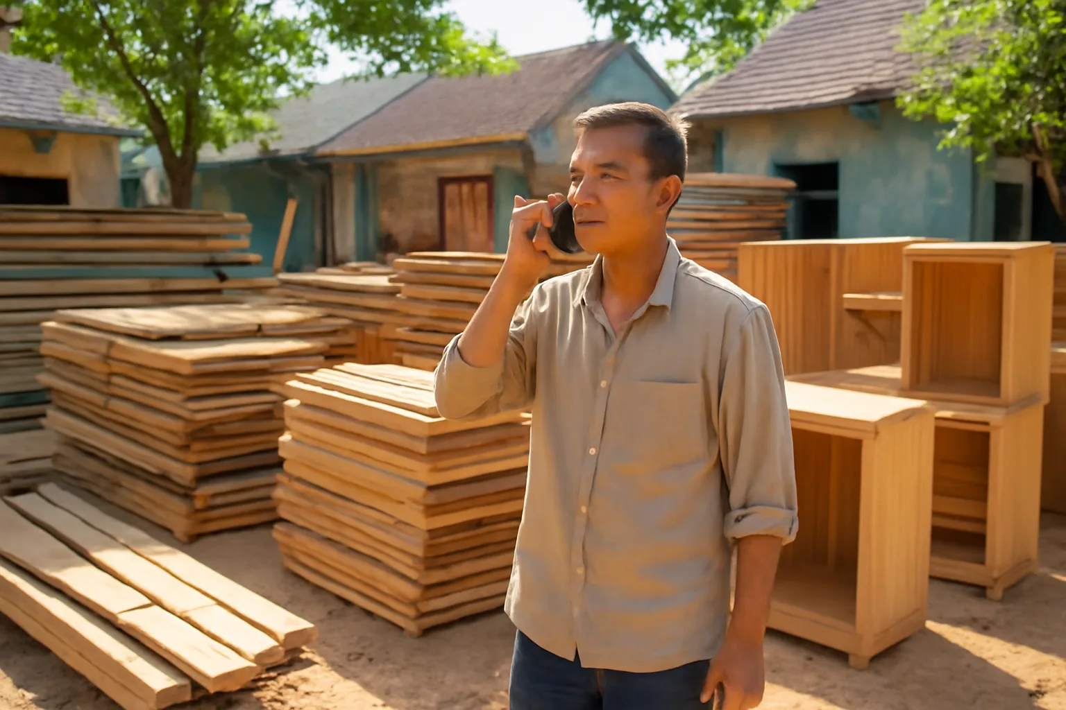 Chủ xưởng mộc làng nghề đứng giữa những tấm gỗ đang phơi, nghe điện thoại