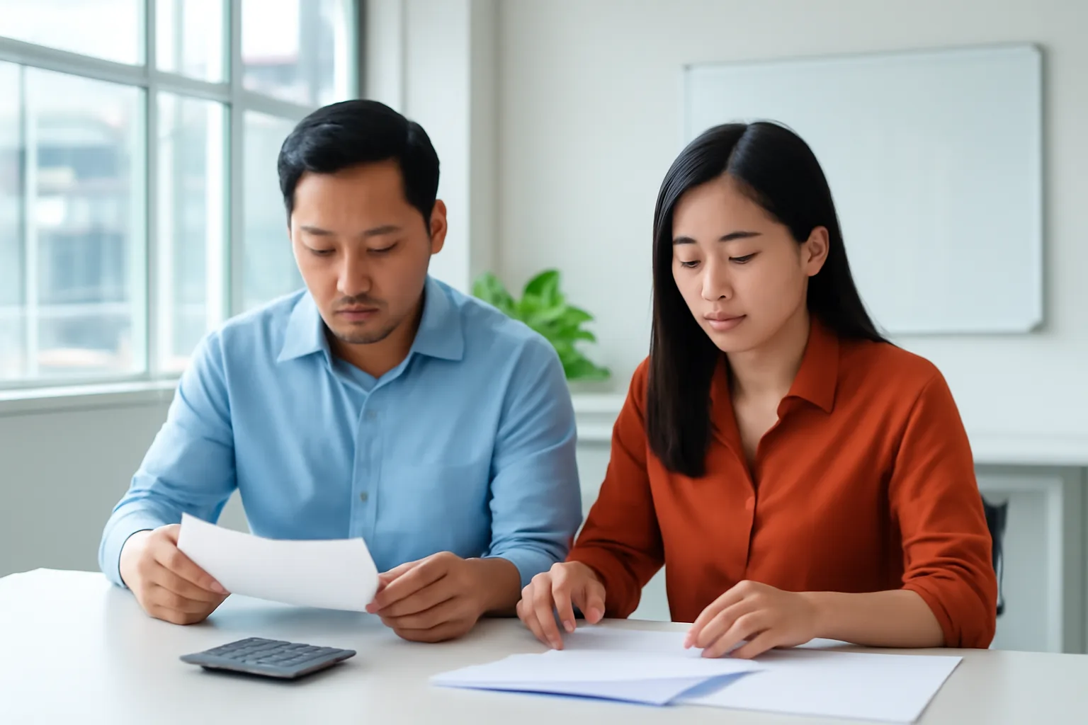 Giám đốc và kế toán ngồi cạnh nhau rà một xấp hồ sơ dày trước buổi làm việc về hoàn thuế