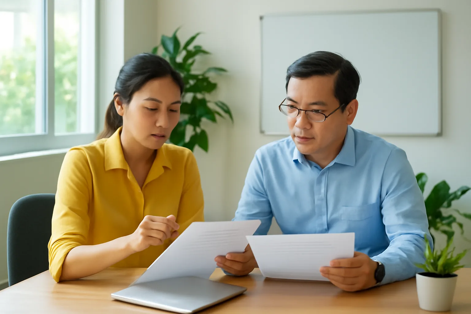 Nữ giám đốc trẻ và người tư vấn cùng xem bản nháp hợp đồng trên máy tính xách tay trong phòng họp nhỏ