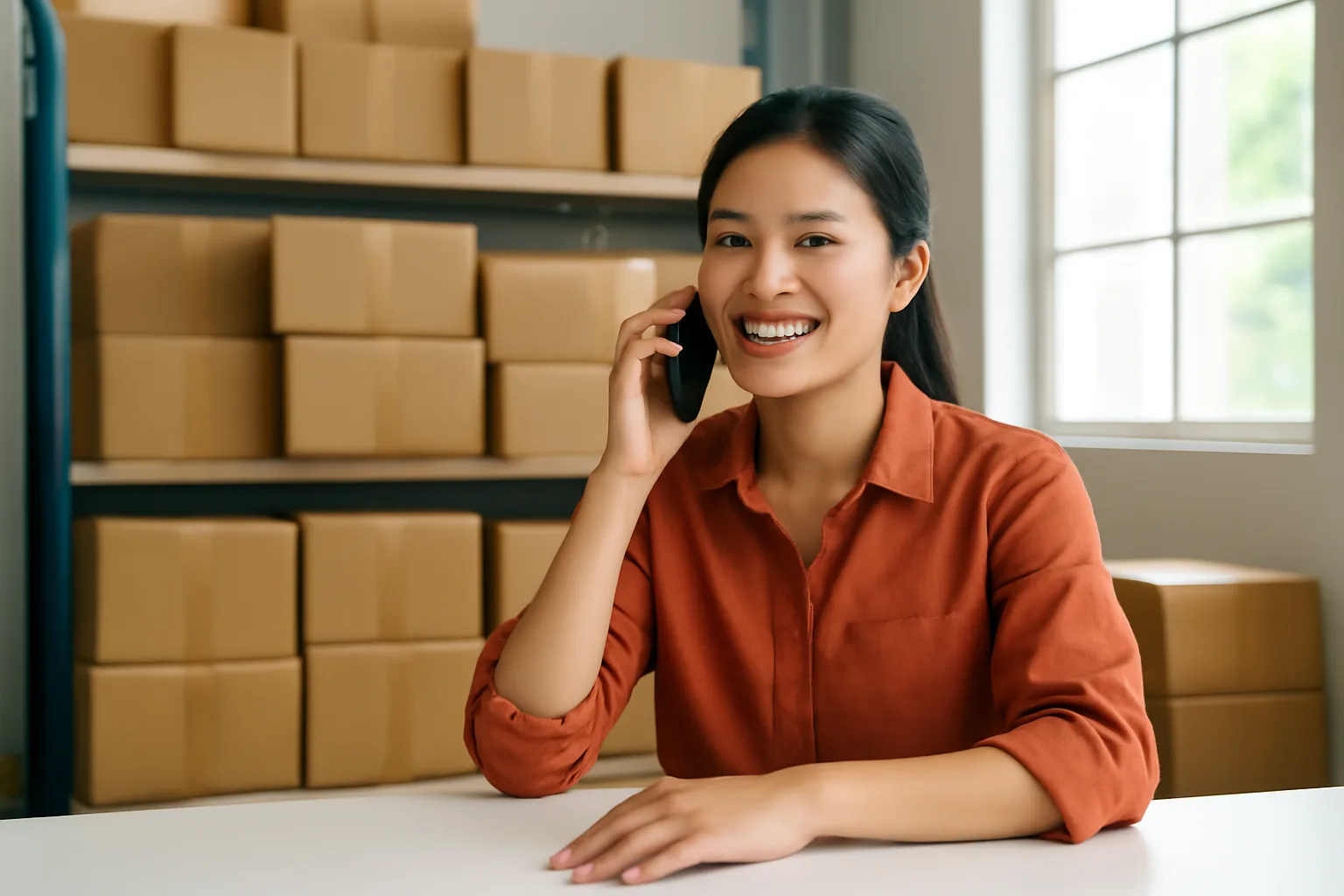 Chủ doanh nghiệp nhỏ gọi điện hỏi cơ quan thuế tại bàn làm việc trong kho hàng