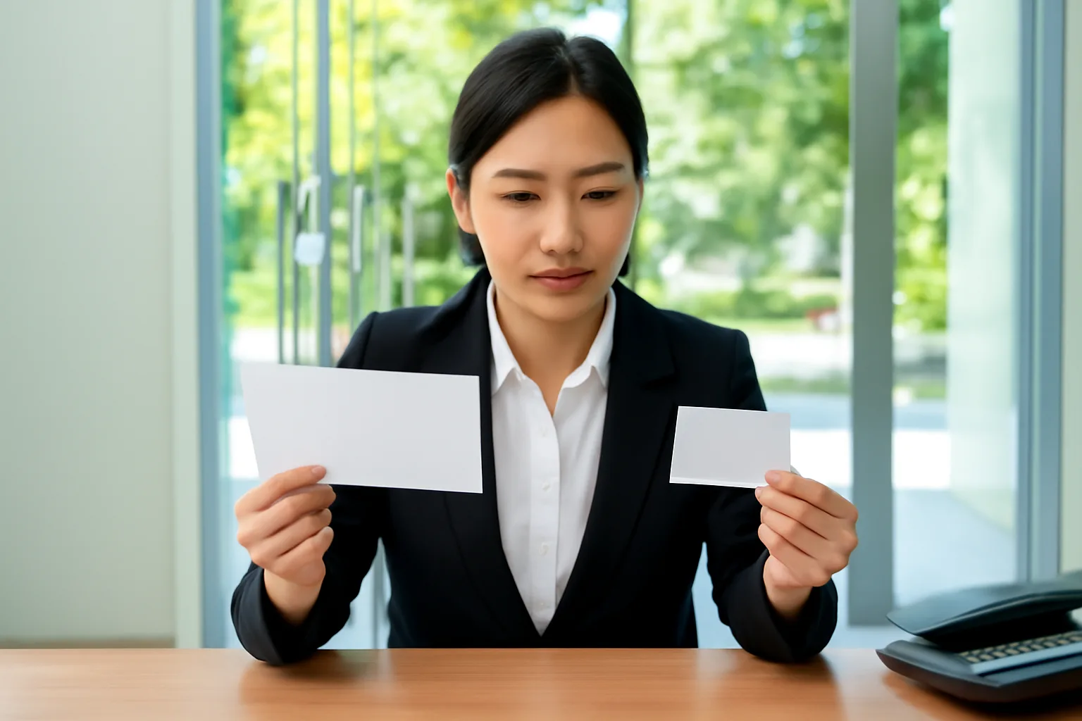 Quản lý văn phòng so hai phong bì trắng tại quầy lễ tân có cửa kính