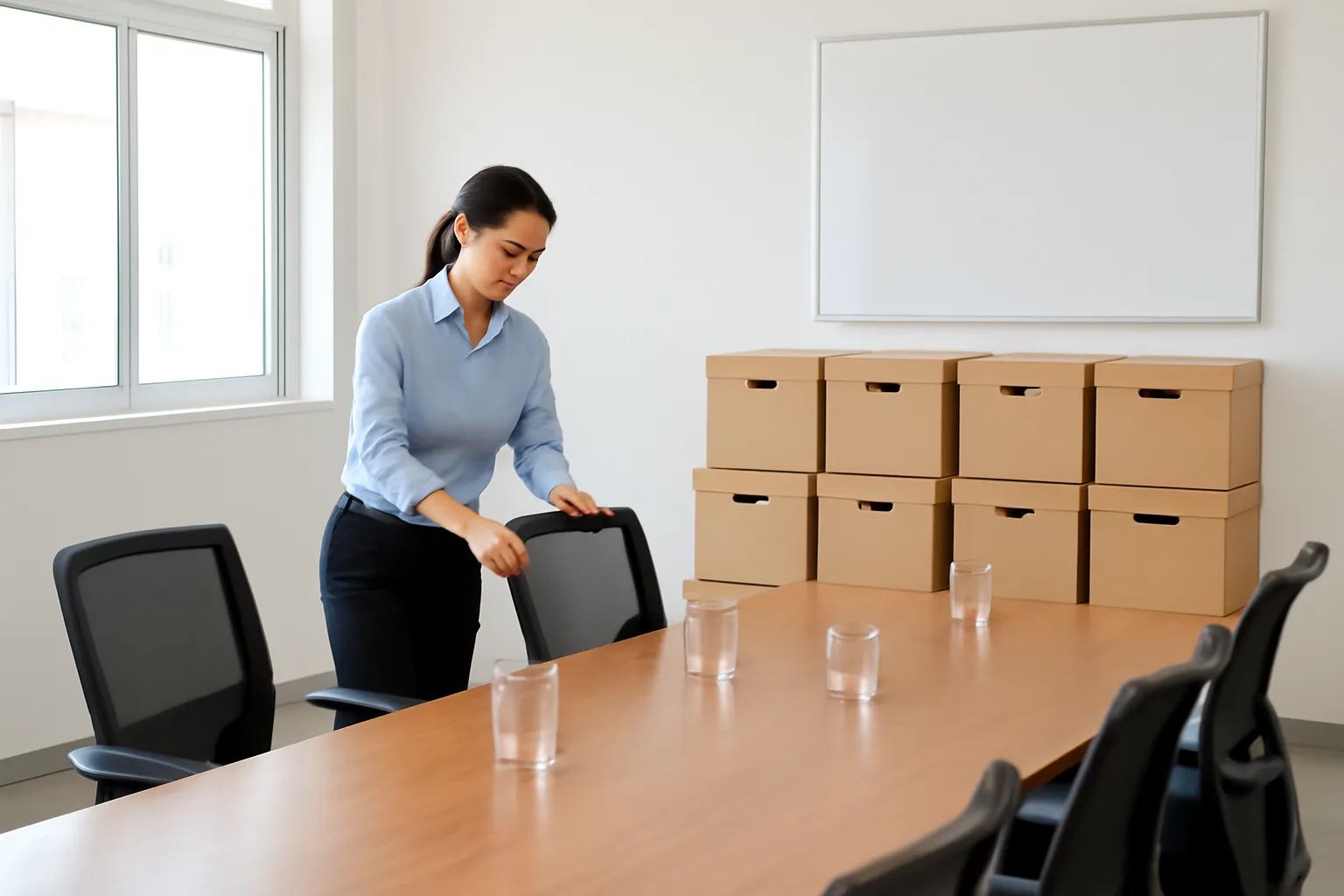 Phòng họp nhỏ của doanh nghiệp được sắp sẵn các hộp hồ sơ và sổ giao nhận trước buổi kiểm tra