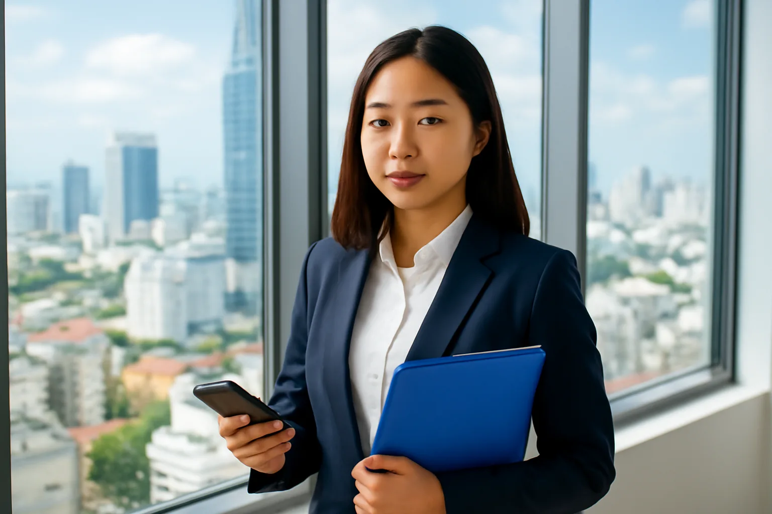 Kế toán doanh nghiệp đứng bên cửa sổ văn phòng cao tầng ở TP.HCM, tay cầm cặp hồ sơ và điện thoại