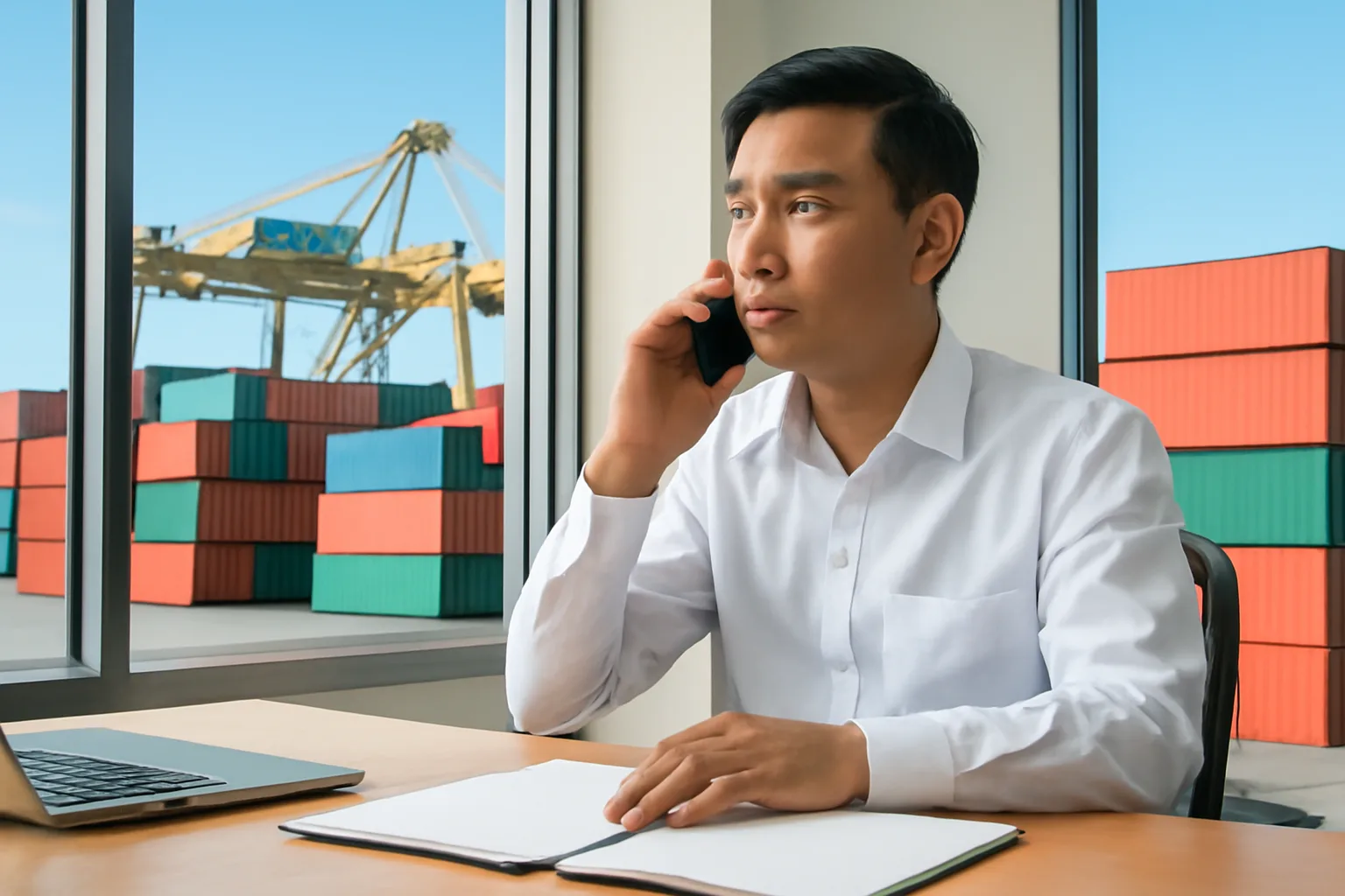 Nhân viên xuất nhập khẩu gọi điện bên bàn làm việc nhìn ra bãi container