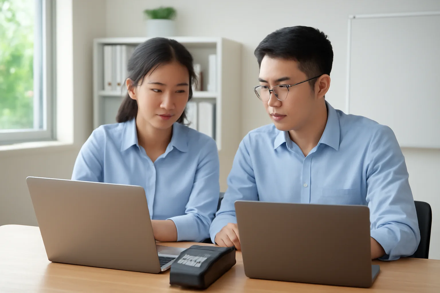 Hai nhân viên kế toán so sánh số liệu trên hai máy tính đặt cạnh nhau trong văn phòng cửa hàng