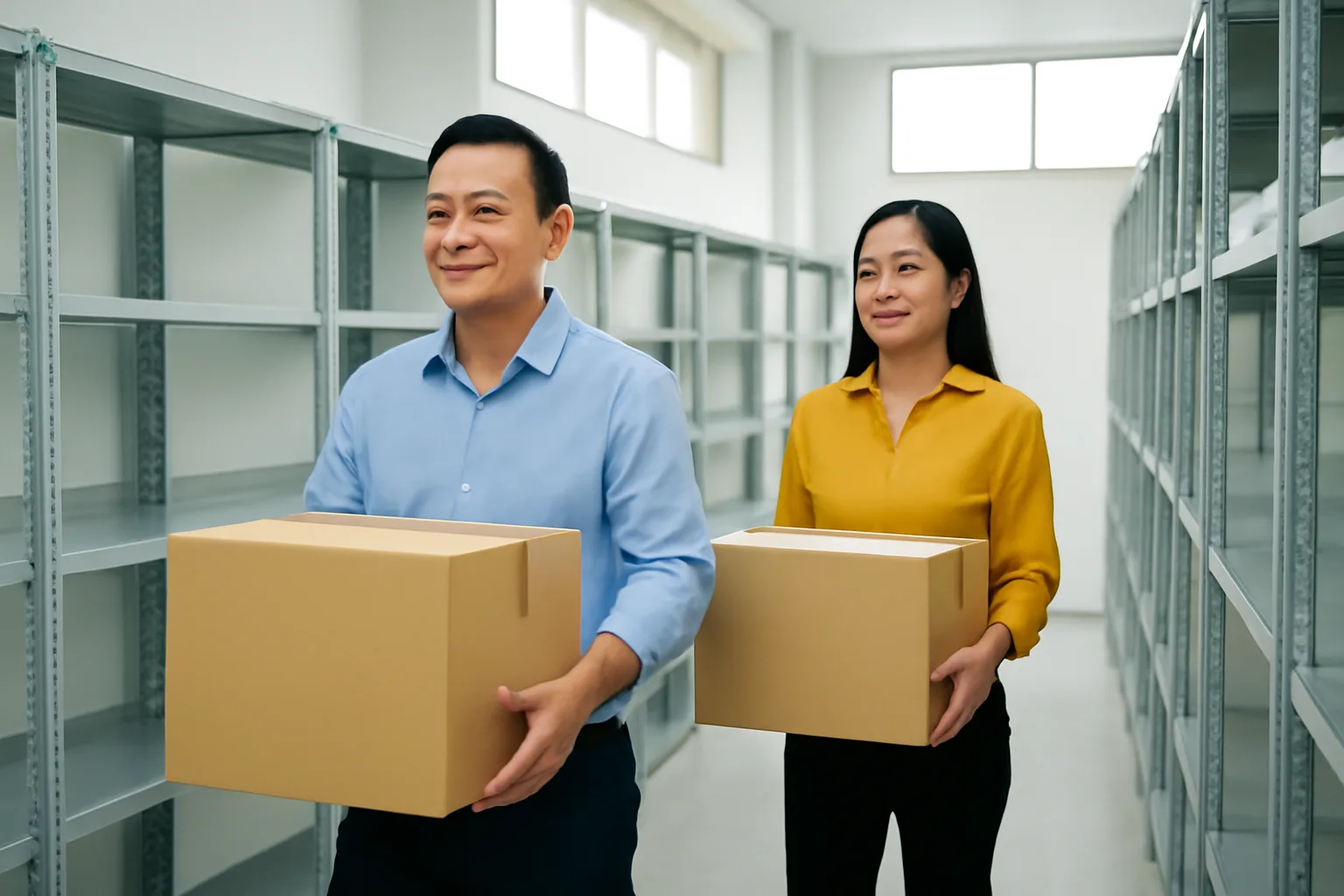 Hai nhân viên bê thùng lưu trữ hồ sơ vào kho có giá kim loại sáng sủa