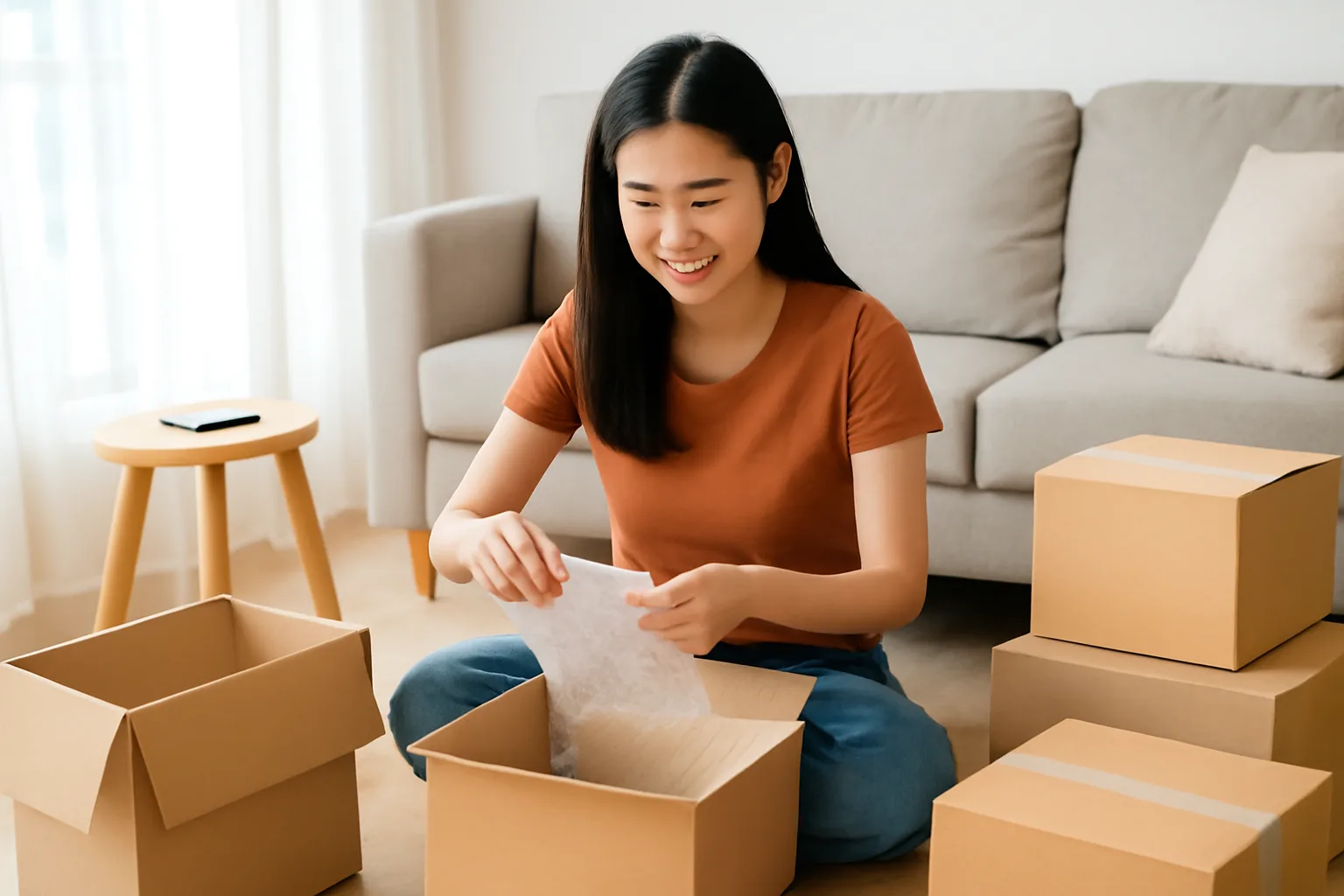 Người bán hàng online đóng gói đơn trong phòng khách nhà riêng với các thùng carton xếp gọn