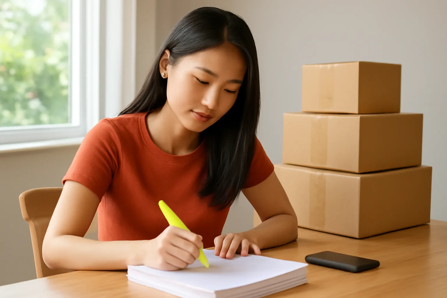 Người bán hàng online ngồi bên bàn ăn với xấp giấy in và bút dạ quang, điện thoại úp bên cạnh