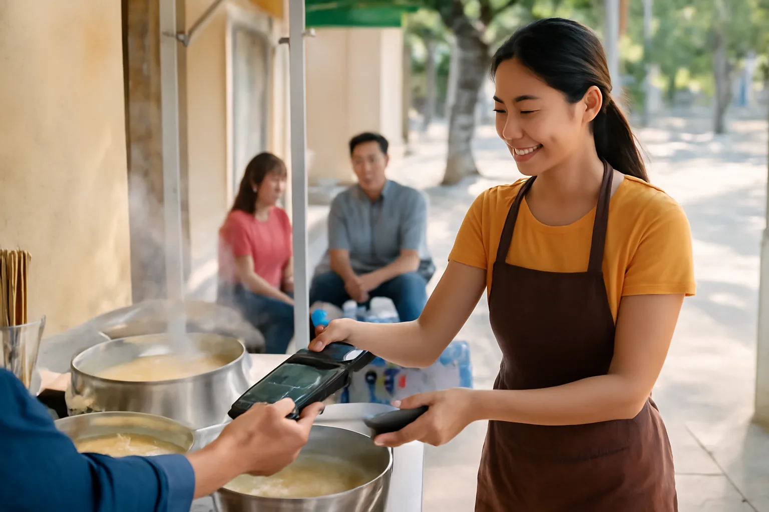 Chủ quán bún dùng máy thanh toán thẻ tại quầy hàng buổi sáng