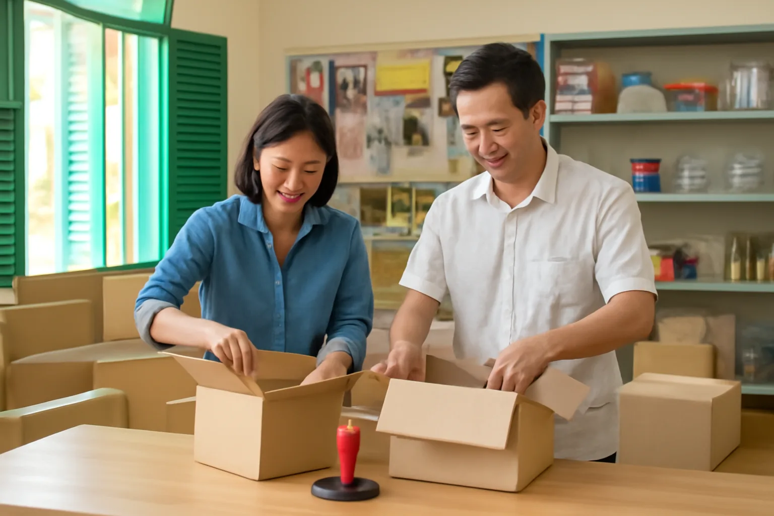 Vợ chồng chủ cửa hàng vật liệu mở thùng hàng, con dấu mới đặt trên quầy