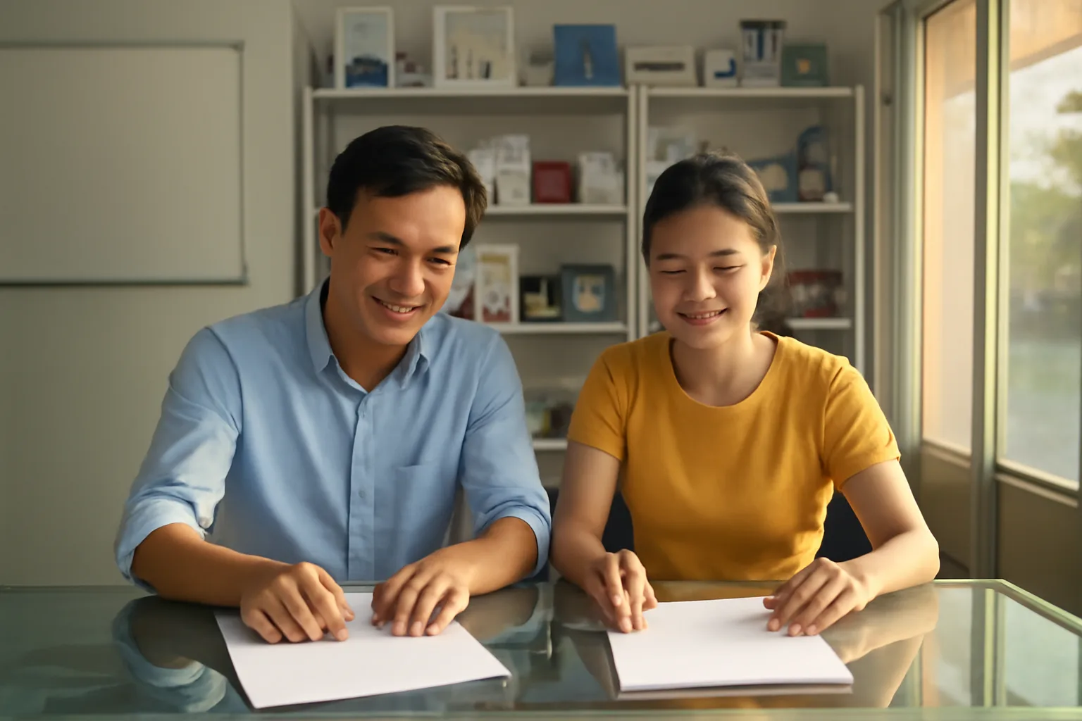 Vợ chồng chủ cửa hàng ngồi ở bàn trong tiệm, bày giấy tờ ra hai phía như đang cân nhắc