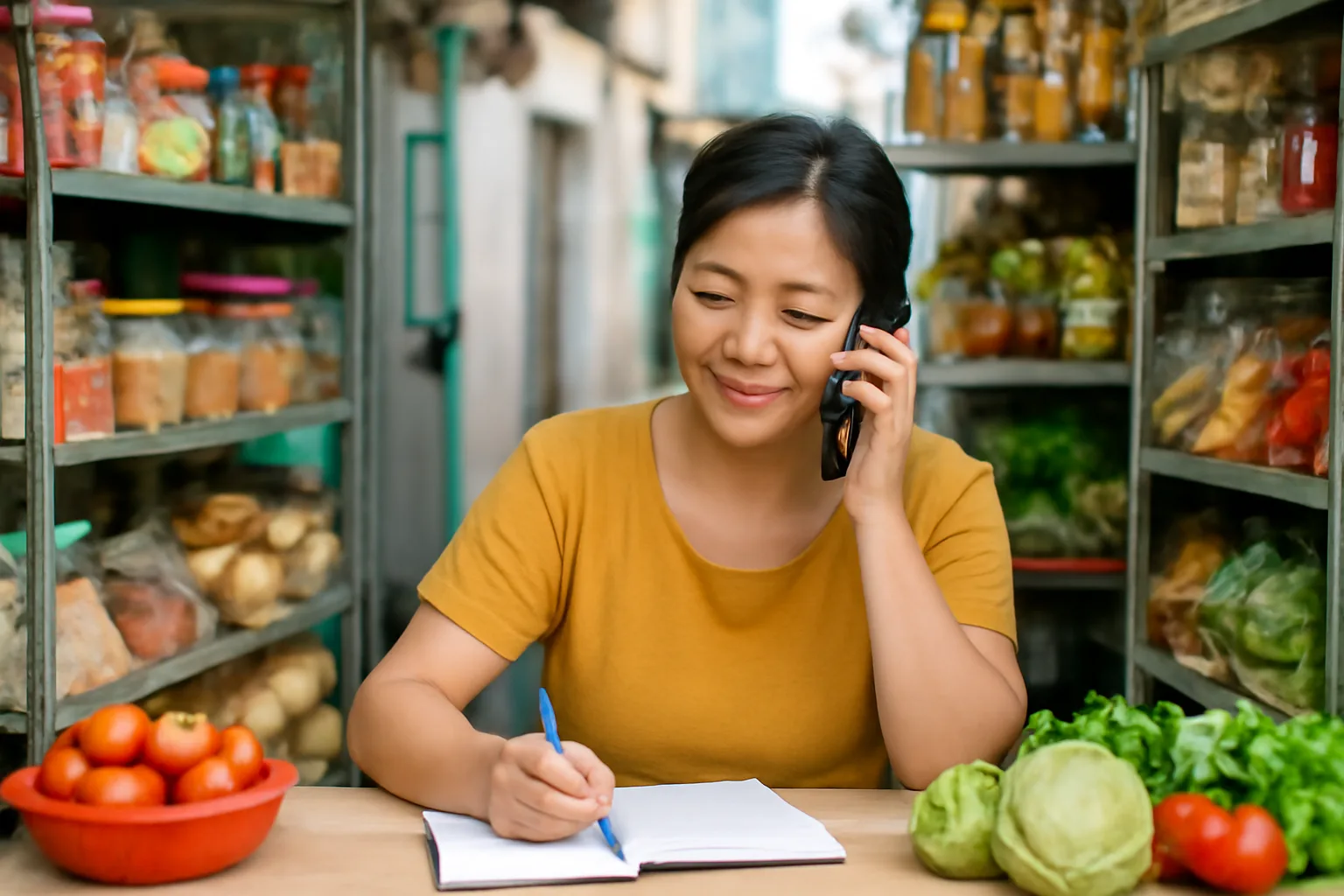 Chủ tiệm tạp hoá ở TP.HCM ngồi sau quầy hàng, cầm điện thoại chuẩn bị gọi hỏi thuế