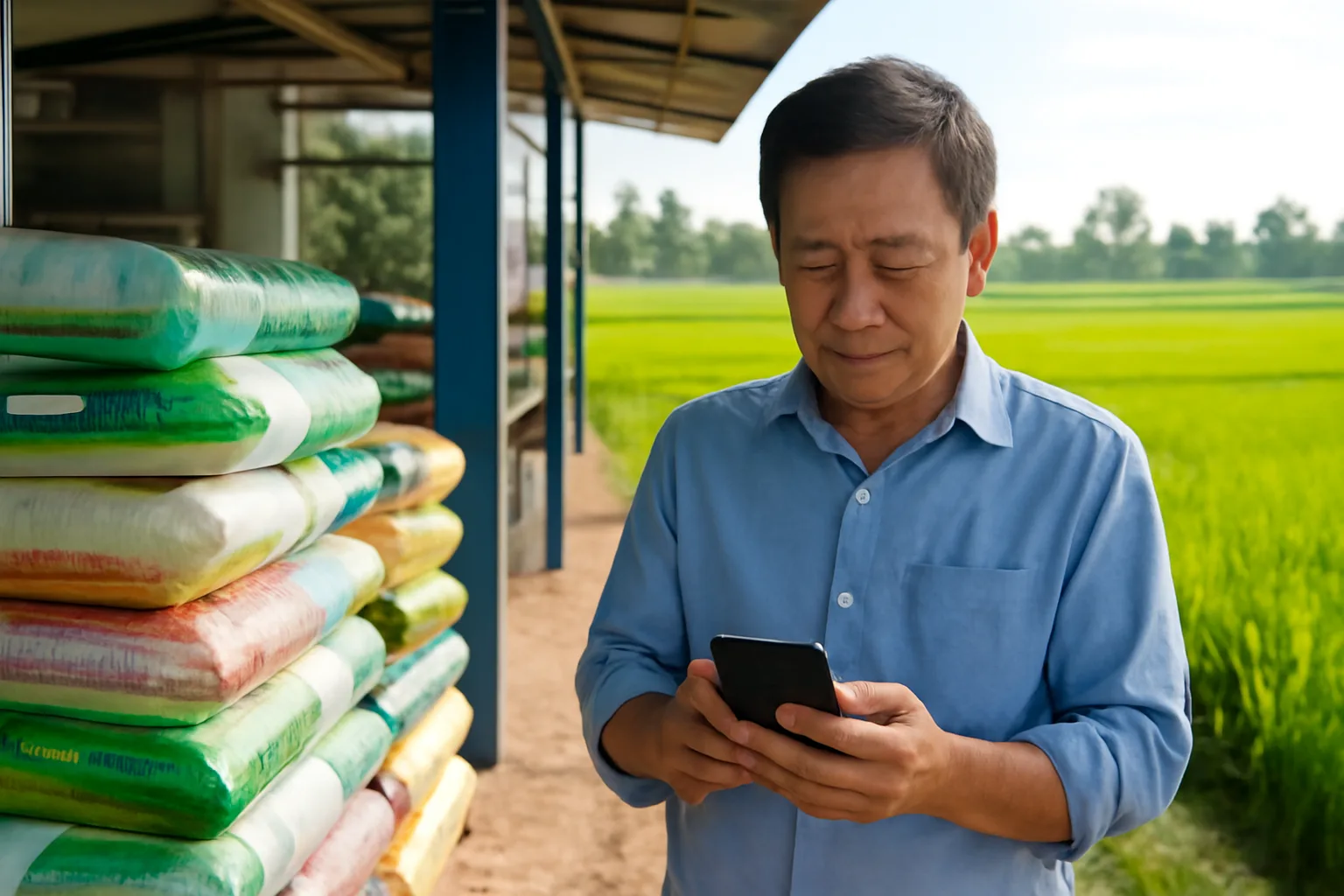 Chủ tiệm vật tư nông nghiệp ở vùng quê đứng trước cửa tiệm, cầm điện thoại xem thông báo