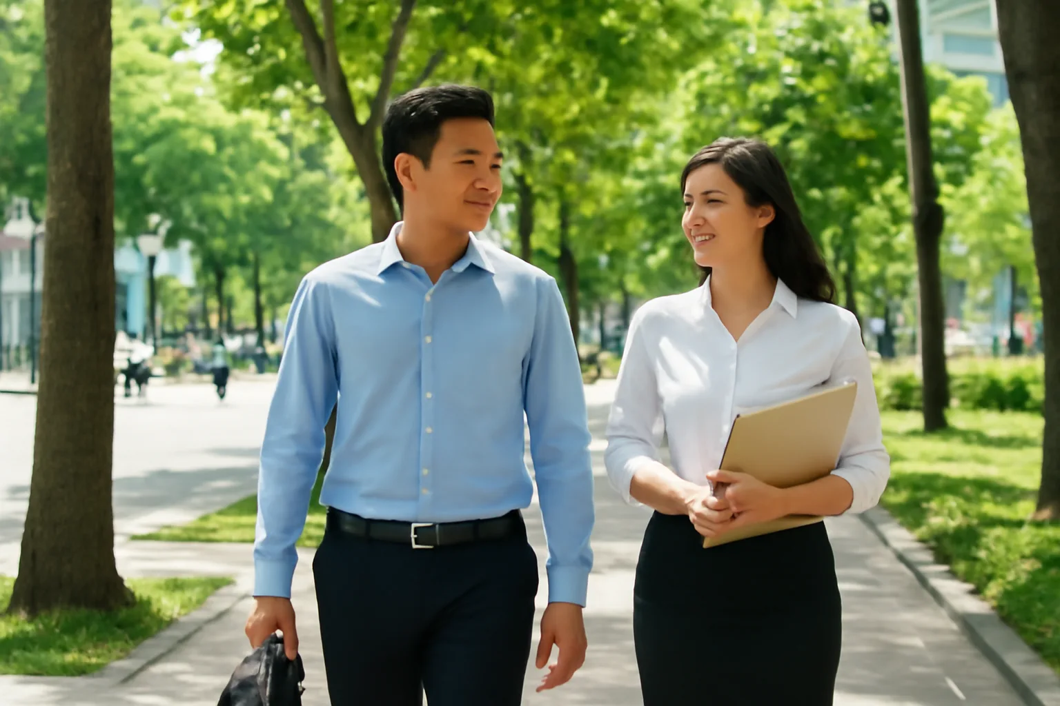 Hai nhân viên văn phòng đi trên vỉa hè rợp bóng cây ở TP.HCM mang theo túi hồ sơ