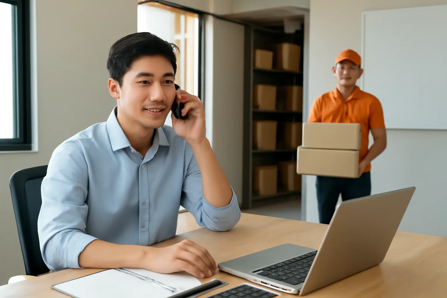 Nhân viên kế toán một nhà phân phối vừa nghe điện thoại vừa nhìn máy tính khi khách chờ hoá đơn