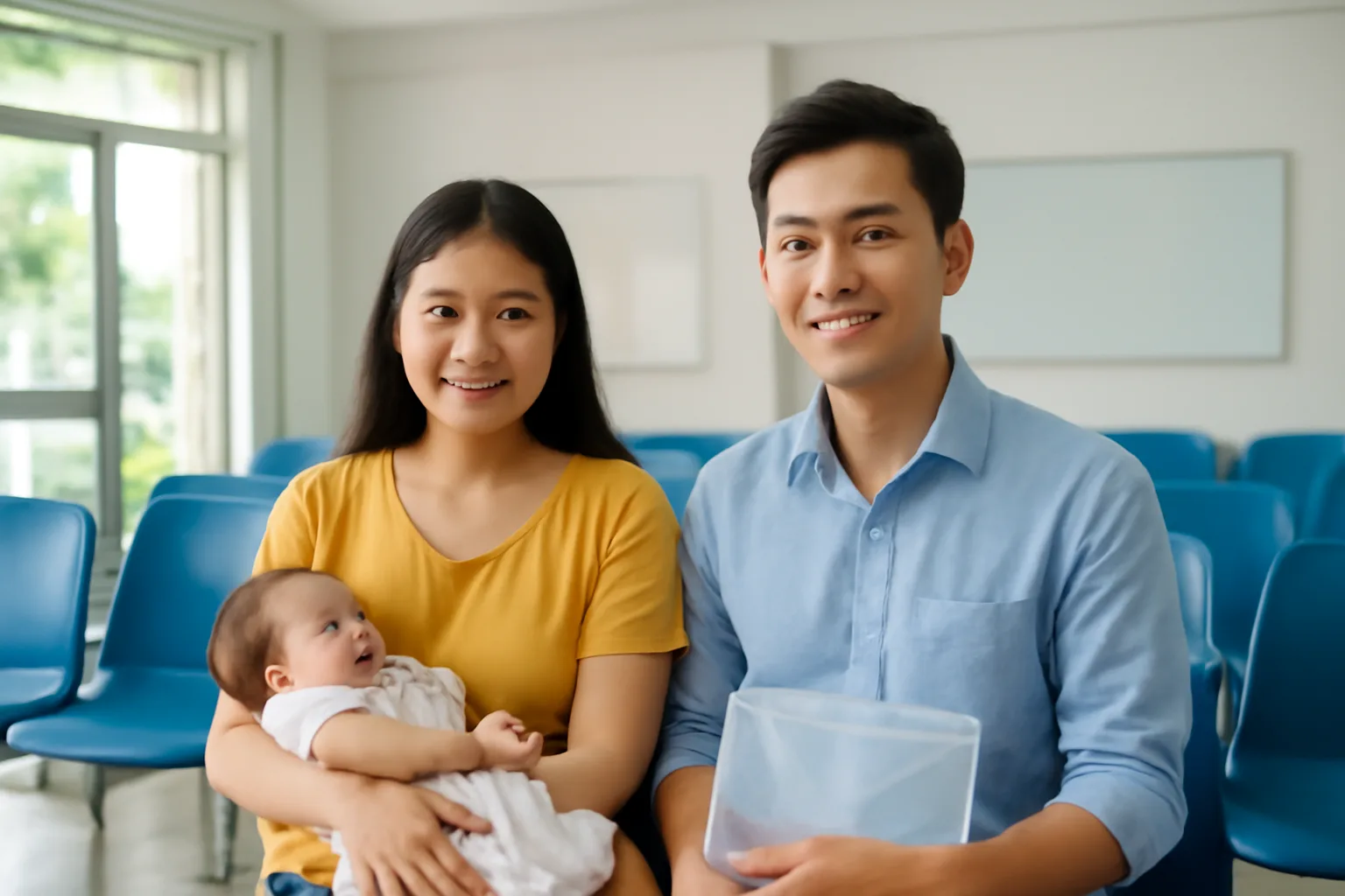 Vợ chồng trẻ bế con nhỏ ngồi chờ tại sảnh một cửa, tay cầm túi hồ sơ trong suốt