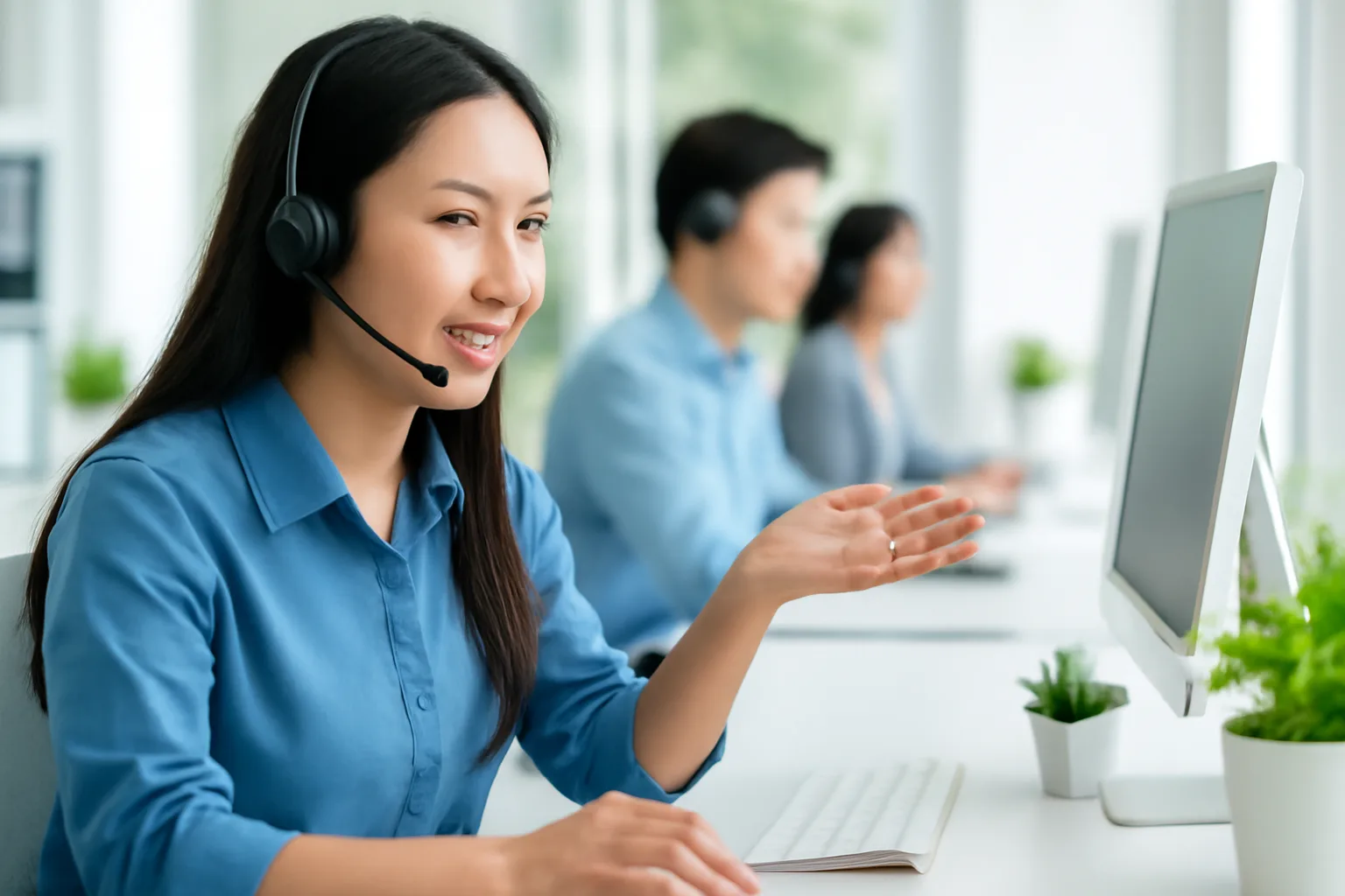 Cán bộ hỗ trợ người nộp thuế đeo tai nghe trả lời điện thoại tại bàn làm việc sáng sủa