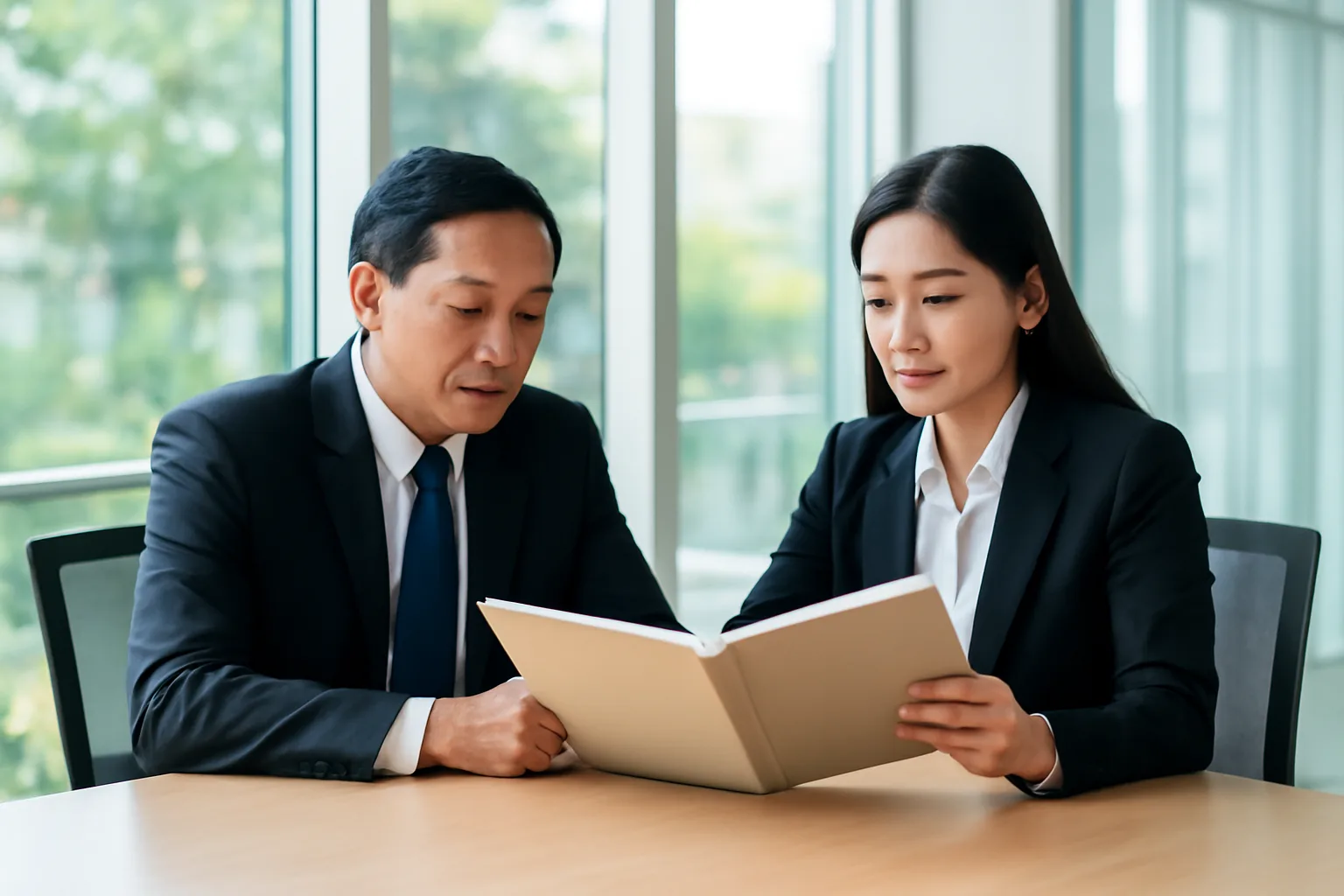 Chủ doanh nghiệp và luật sư xem tập hồ sơ dày trong phòng họp vách kính