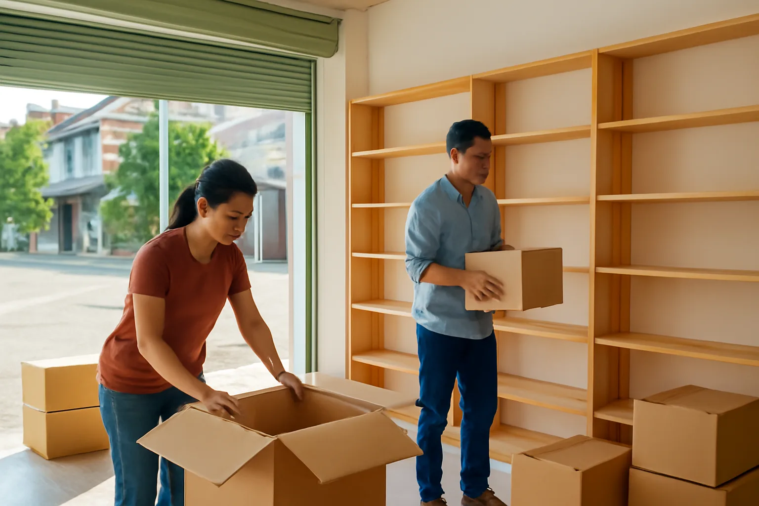 Hai nhân viên đang sắp hàng lên kệ trong một cửa hàng mới mở ở tỉnh lẻ