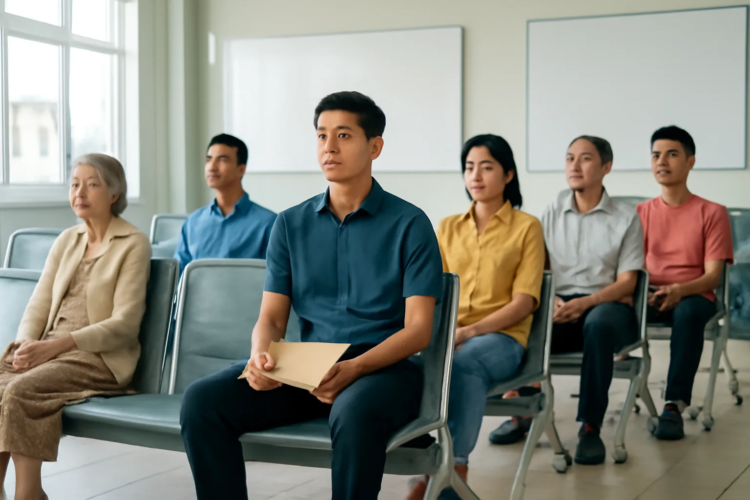 Người dân ngồi chờ trên hàng ghế trong sảnh dịch vụ công sáng sủa, tay cầm bìa hồ sơ