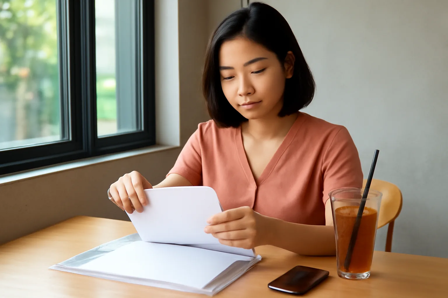 Nữ phiên dịch tự do ngồi ở quán cà phê sắp xếp các biên lai và chứng từ thù lao vào bìa hồ sơ