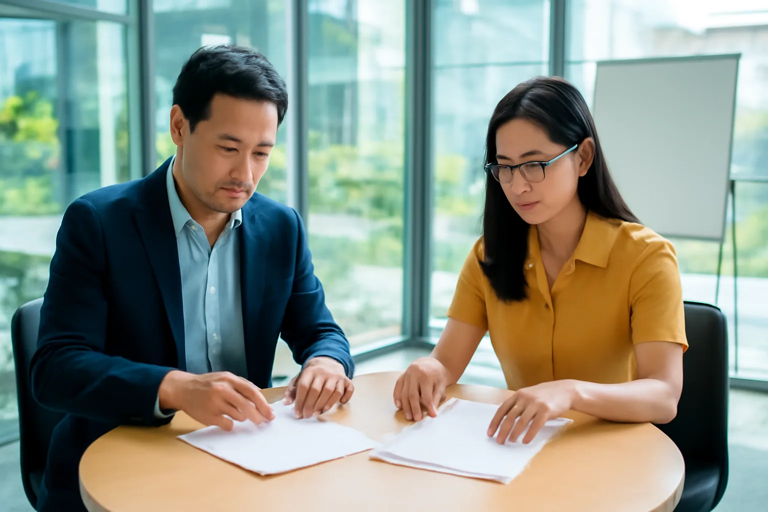 Giám đốc và kế toán đứng bên bàn họp nhỏ bàn nhanh về một xấp hồ sơ vừa nhận