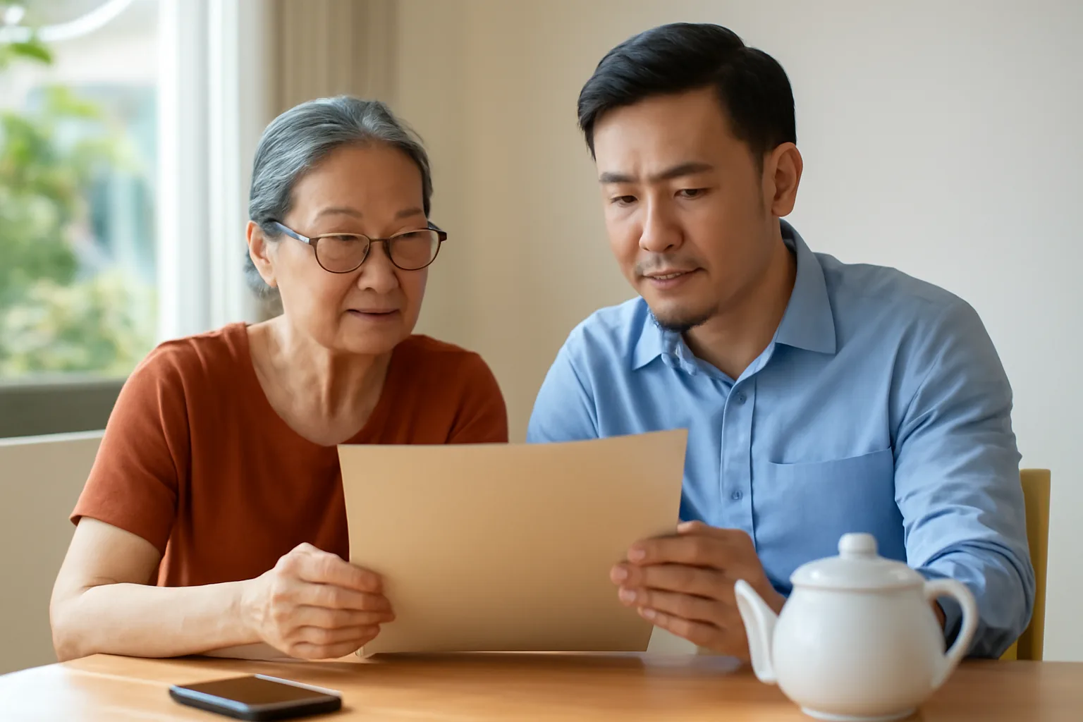 Hai mẹ con ngồi bên bàn ăn cùng xem giấy tờ và điện thoại trước khi đi làm thủ tục