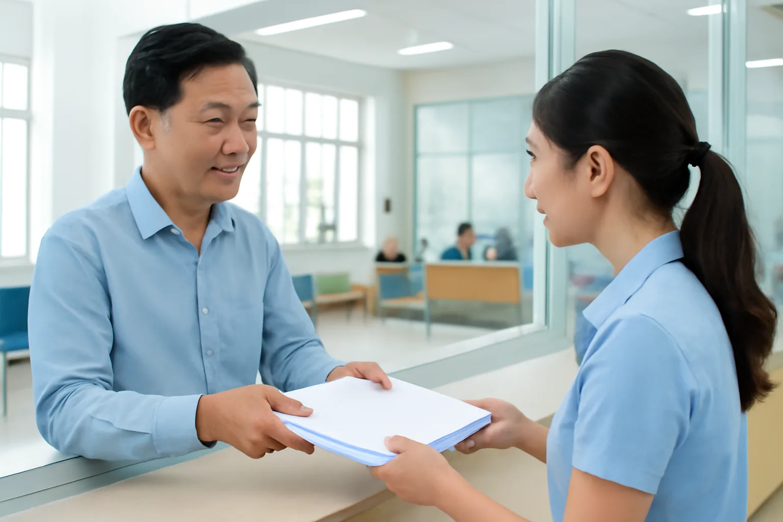 Người đàn ông trung niên đưa xấp hồ sơ qua quầy một cửa cho cán bộ tiếp nhận