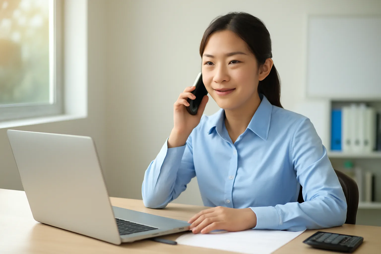 Nữ kế toán làm việc muộn bên máy tính trong văn phòng, điện thoại cầm trên tay