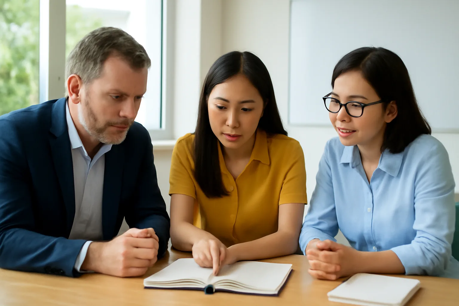 Nữ phiên dịch viên ngồi giữa giám đốc người nước ngoài và kế toán trong buổi họp