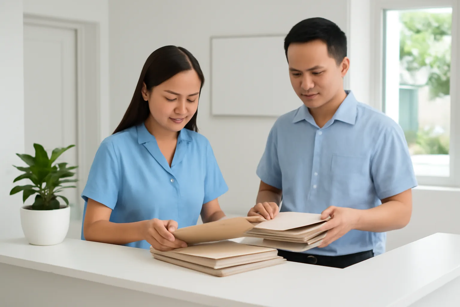 Quản lý phòng khám và kế toán ngồi ở quầy tiếp đón vắng khách, xếp hồ sơ vào bìa