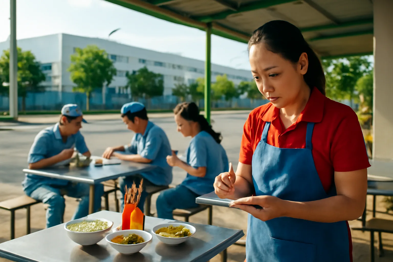 Chủ quán cơm bình dân gần khu công nghiệp đang ghi sổ bán chịu cho công nhân sau giờ tan ca