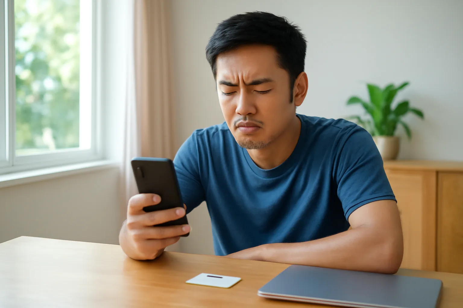 Thanh niên cầm căn cước và điện thoại, nhíu mày nhìn màn hình tại bàn ở nhà