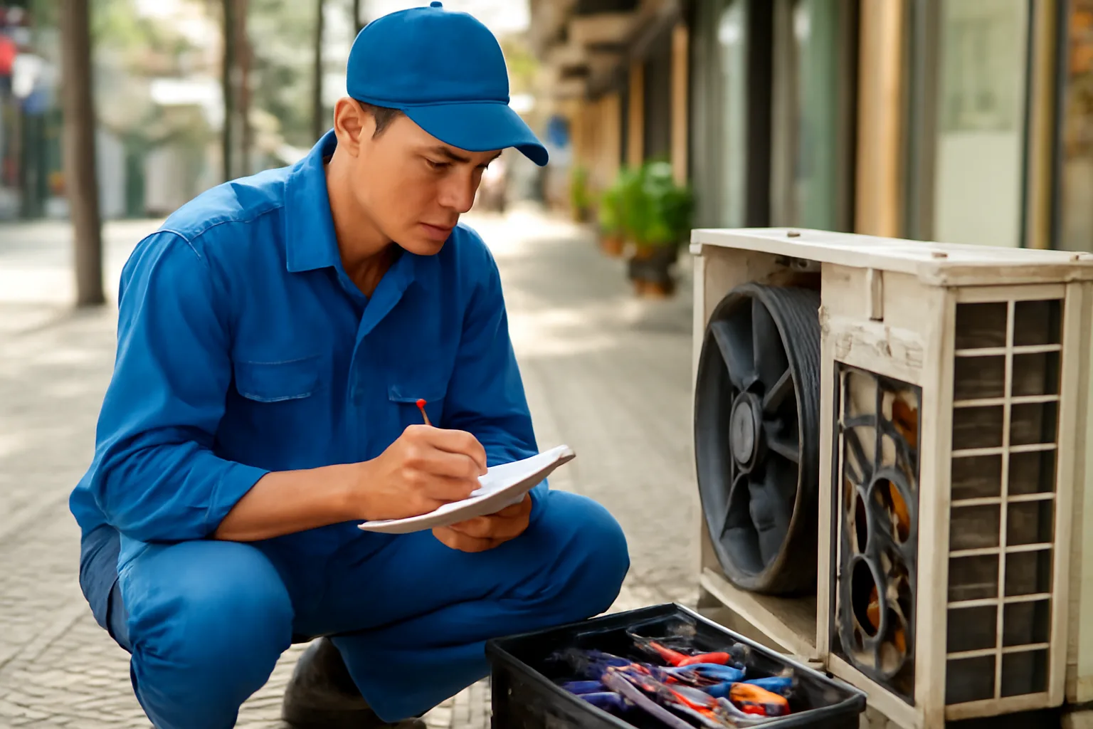 Thợ sửa điều hoà ghi chép vào sổ tay bên thùng đồ nghề trước cửa tiệm