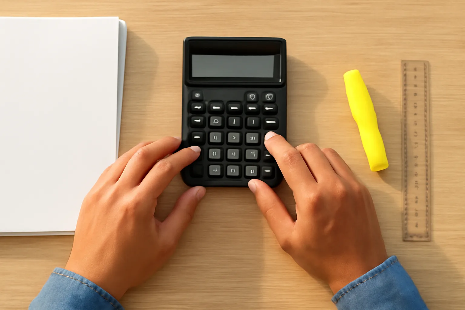 Kế toán dùng máy tính bỏ túi đối chiếu từng dòng giữa hai xấp giấy trên bàn làm việc