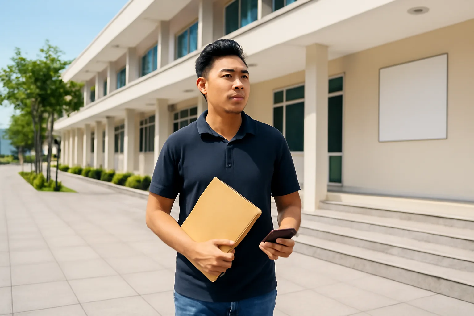 Người đàn ông cầm cặp hồ sơ đứng trước toà nhà công sở thấp tầng vào buổi sáng