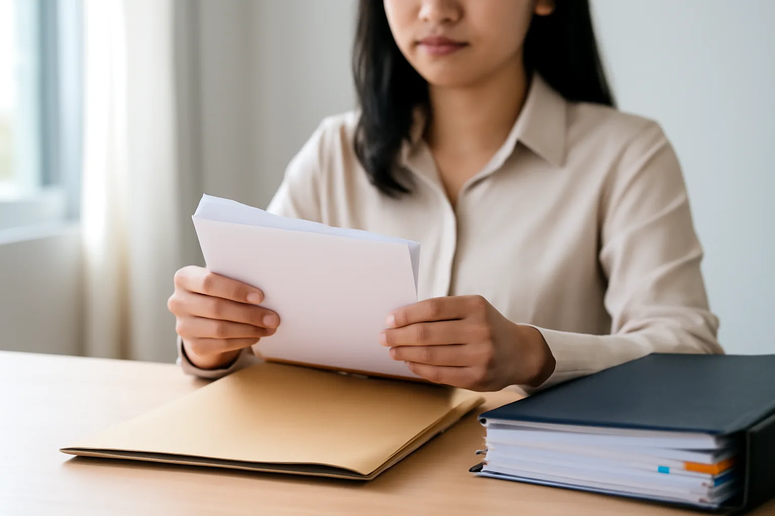 Kế toán đặt văn bản giải trình vào phong bì bên cạnh xấp hồ sơ đã đánh dấu