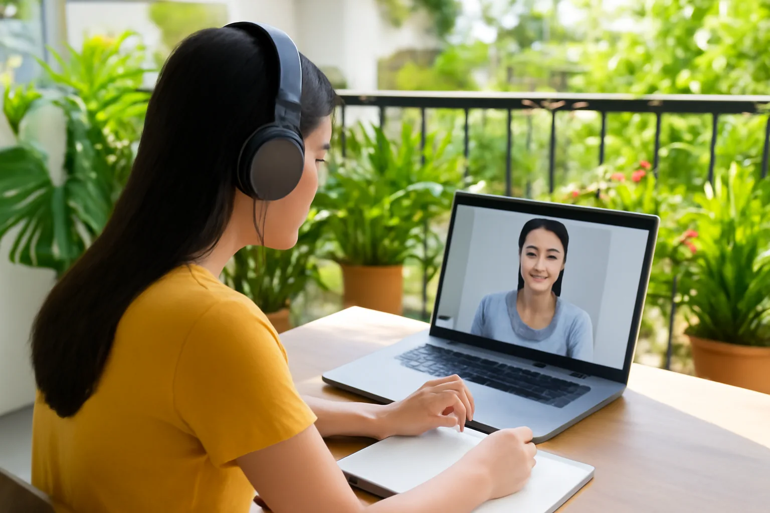Chủ cửa hàng trò chuyện qua cuộc gọi video trên máy tính xách tay tại bàn làm việc ở nhà