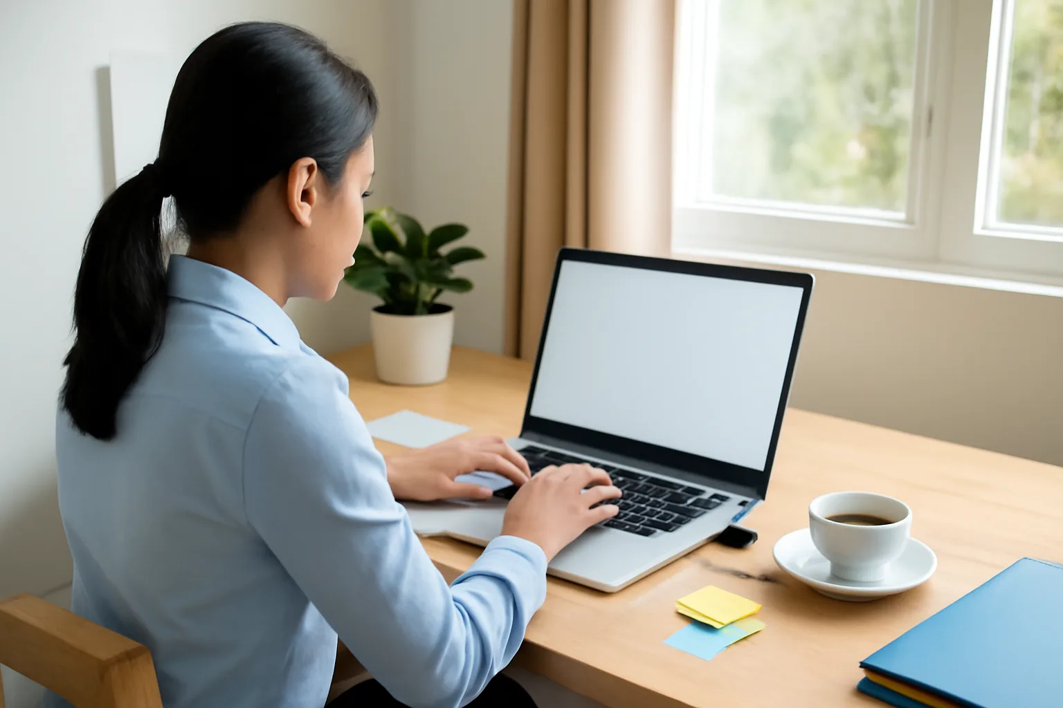 Kế toán làm việc tại nhà với máy tính xách tay và thiết bị chữ ký số trên bàn