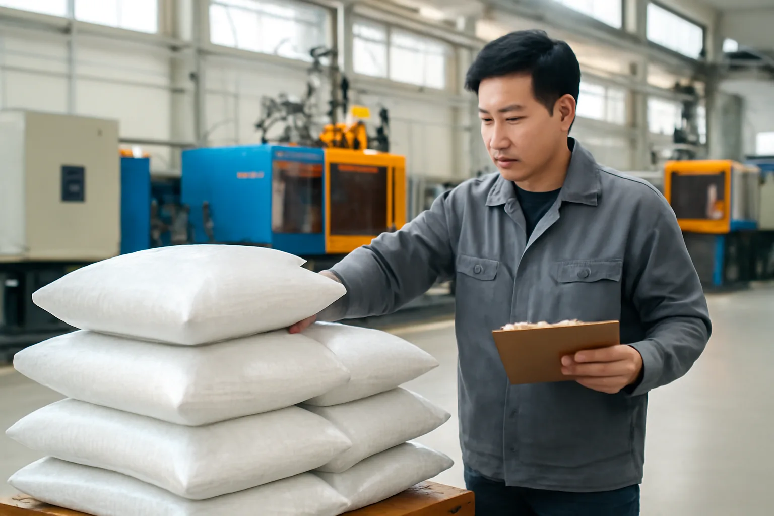Thủ kho xưởng nhựa đếm bao hạt nhựa trên pallet, tay cầm bìa kẹp hồ sơ